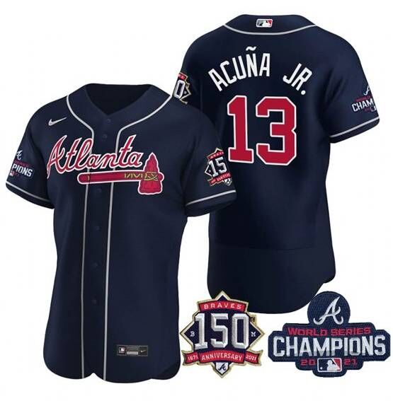 Men's Atlanta Braves #13 Ronald Acuña Jr. 2021 Navy World Series Champions With 150th Anniversary Flex Base Stitched Jersey